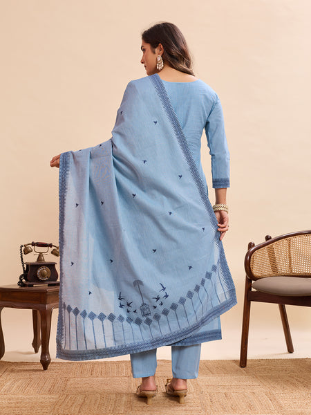 Women's Pure Cotton Jacquard Kurta With Pant & Cotton Dupatta Set
