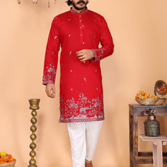 Men’s Heavy Linen Cotton Sequence Embroidered Kurta with Semi Cotton Chudidar