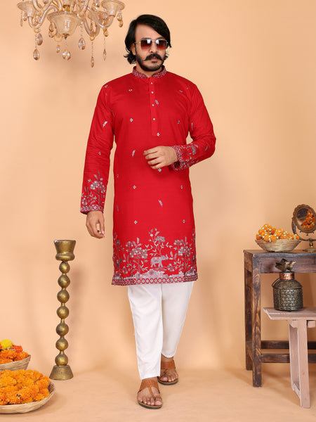 Men’s Heavy Linen Cotton Sequence Embroidered Kurta with Semi Cotton Chudidar