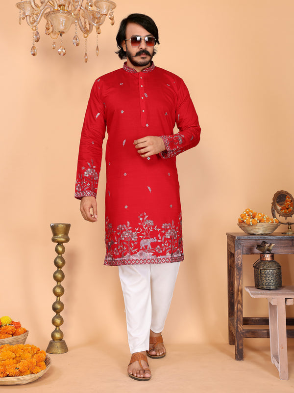 Men’s Heavy Linen Cotton Sequence Embroidered Kurta with Semi Cotton Chudidar