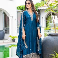 Women's Vichitra Silk Embroidered Kurta Pant Dupatta Set