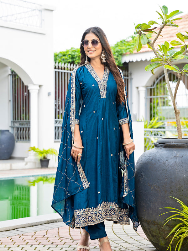 Women's Vichitra Silk Embroidered Kurta Pant Dupatta Set