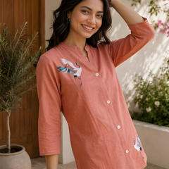 Women’s Coral Orange Cotton Floral Printed Shirt Style Tunic