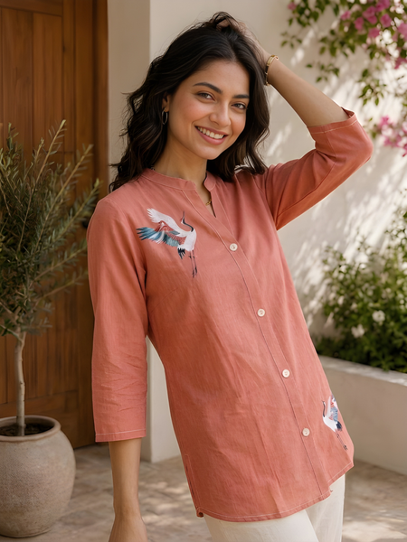 Women’s Coral Orange Cotton Floral Printed Shirt Style Tunic