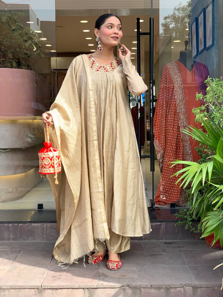 Women’s Chanderi Embroidered Kurti With Stitched Bottom & Dupatta Set
