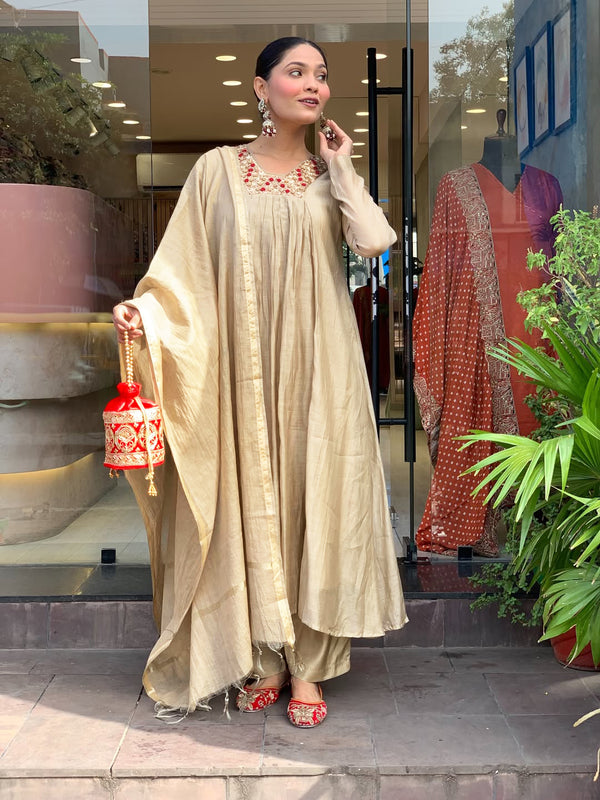 Women’s Chanderi Embroidered Kurti With Stitched Bottom & Dupatta Set