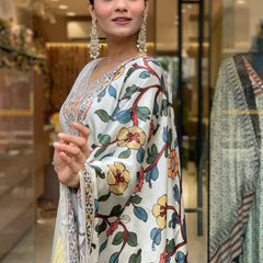 Women’s Viscose Chanderi Embroidered Kurti with Stitched Bottom & Printed Dupatta Set