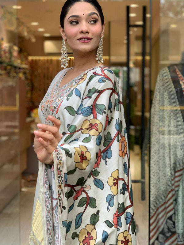 Women’s Viscose Chanderi Embroidered Kurti with Stitched Bottom & Printed Dupatta Set