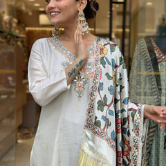 Women’s Viscose Chanderi Embroidered Kurti with Stitched Bottom & Printed Dupatta Set