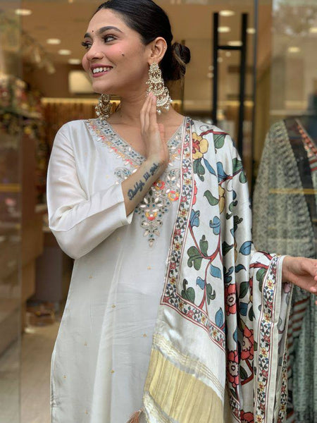 Women’s Viscose Chanderi Embroidered Kurti with Stitched Bottom & Printed Dupatta Set