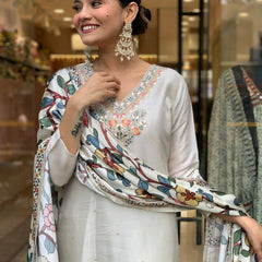 Women’s Viscose Chanderi Embroidered Kurti with Stitched Bottom & Printed Dupatta Set