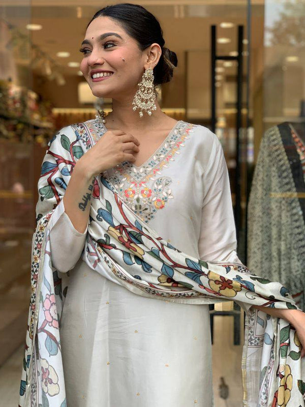 Women’s Viscose Chanderi Embroidered Kurti with Stitched Bottom & Printed Dupatta Set