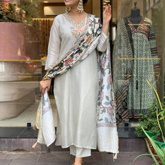 Women’s Viscose Chanderi Embroidered Kurti with Stitched Bottom & Printed Dupatta Set