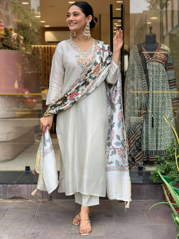 Women’s Viscose Chanderi Embroidered Kurti with Stitched Bottom & Printed Dupatta Set