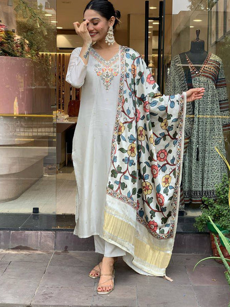 Women’s Viscose Chanderi Embroidered Kurti with Stitched Bottom & Printed Dupatta Set
