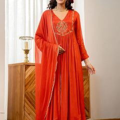 Women's Silk Chiffon Embroidered A-Line Kurta with Rayon Pant & Silk Chiffon Dupatta Set
