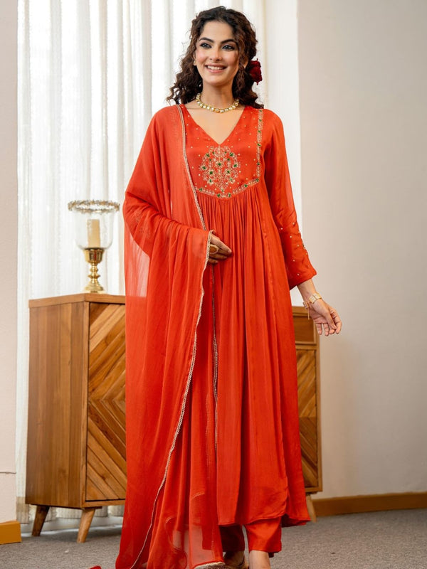 Women's Silk Chiffon Embroidered A-Line Kurta with Rayon Pant & Silk Chiffon Dupatta Set