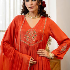 Women's Silk Chiffon Embroidered A-Line Kurta with Rayon Pant & Silk Chiffon Dupatta Set