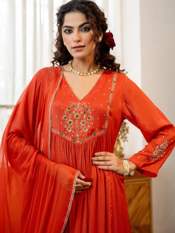 Women's Silk Chiffon Embroidered A-Line Kurta with Rayon Pant & Silk Chiffon Dupatta Set
