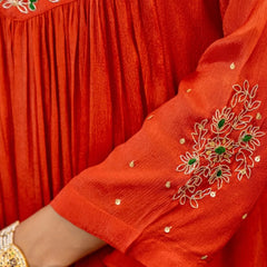 Women's Silk Chiffon Embroidered A-Line Kurta with Rayon Pant & Silk Chiffon Dupatta Set
