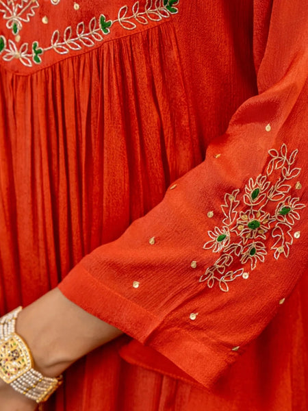 Women's Silk Chiffon Embroidered A-Line Kurta with Rayon Pant & Silk Chiffon Dupatta Set