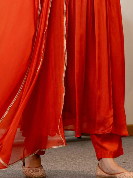 Women's Silk Chiffon Embroidered A-Line Kurta with Rayon Pant & Silk Chiffon Dupatta Set