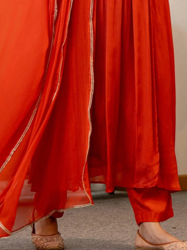 Women's Silk Chiffon Embroidered A-Line Kurta with Rayon Pant & Silk Chiffon Dupatta Set