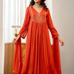 Women's Silk Chiffon Embroidered A-Line Kurta with Rayon Pant & Silk Chiffon Dupatta Set
