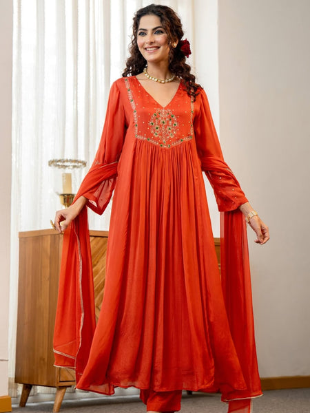 Women's Silk Chiffon Embroidered A-Line Kurta with Rayon Pant & Silk Chiffon Dupatta Set