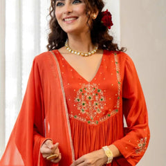 Women's Silk Chiffon Embroidered A-Line Kurta with Rayon Pant & Silk Chiffon Dupatta Set