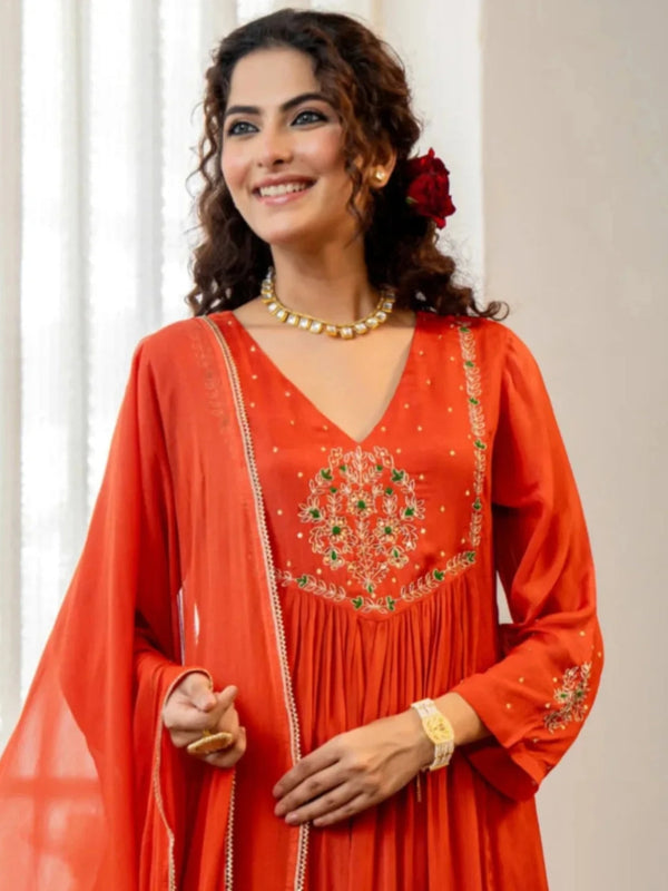 Women's Silk Chiffon Embroidered A-Line Kurta with Rayon Pant & Silk Chiffon Dupatta Set