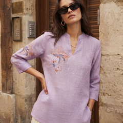Women’s Lavender Linen Cotton Embroidered Split V-Neck Top