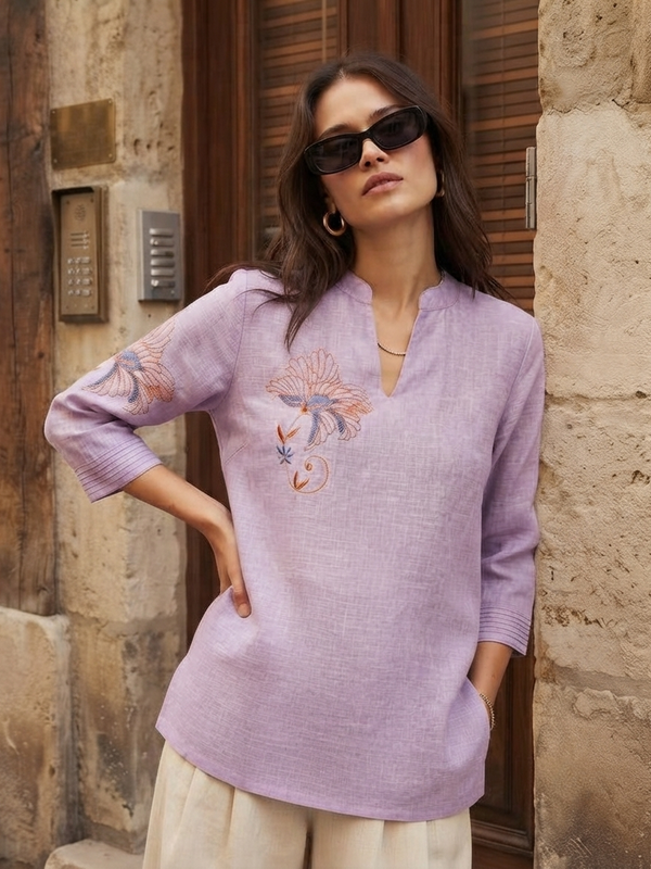 Women’s Lavender Linen Cotton Embroidered Split V-Neck Top