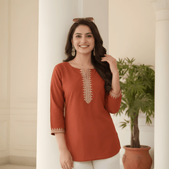 Women’s Rust Orange Roman Silk Embroidered Fancy Top