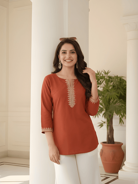 Women’s Rust Orange Roman Silk Embroidered Fancy Top