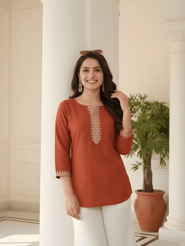 Women’s Rust Orange Roman Silk Embroidered Fancy Top