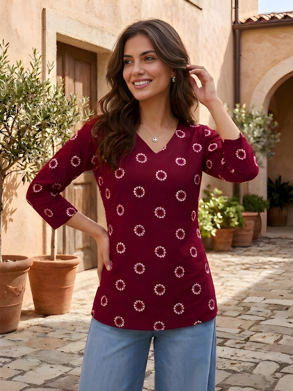 Women’s Maroon Cotton Printed Straight Tunic