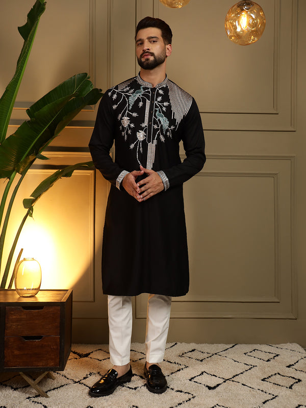 Men’s Viscose Silk Embroidered Kurta with Semi Cotton Chudidar