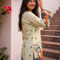 Women’s Cream Cotton Kalamkari Printed V-Neck Tunic