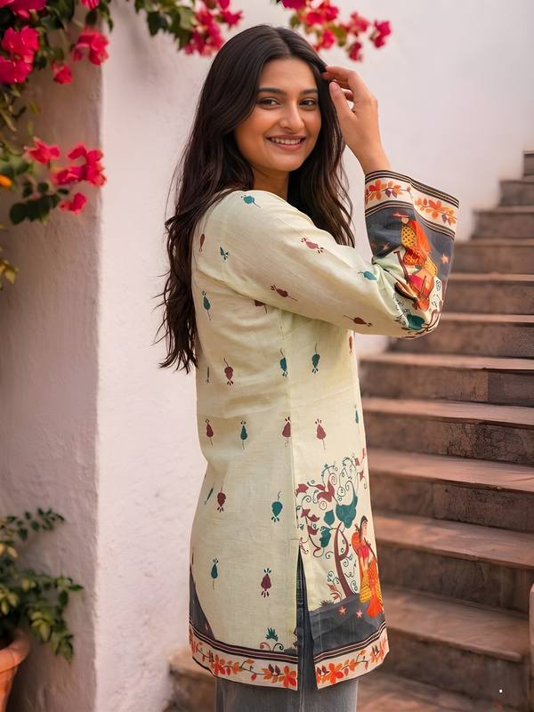 Women’s Cream Cotton Kalamkari Printed V-Neck Tunic