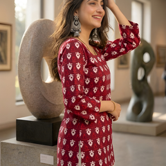 Women’s Maroon Cotton Printed Short Tunic