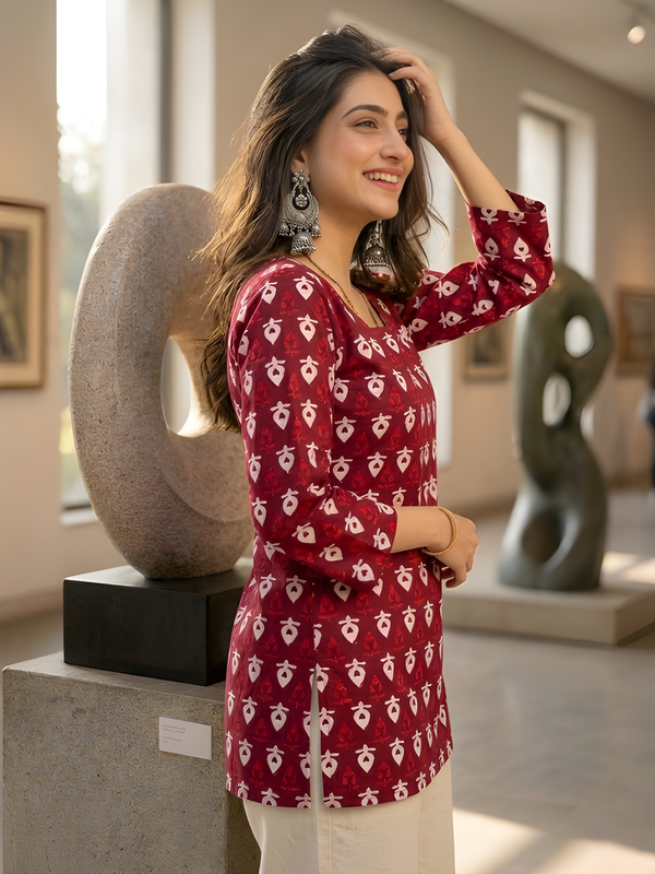 Women’s Maroon Cotton Printed Short Tunic