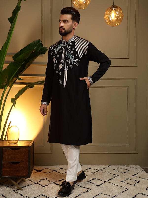 Men’s Viscose Silk Embroidered Kurta with Semi Cotton Chudidar