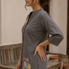 Women’s Grey Cotton Floral Printed Shirt Style Tunic