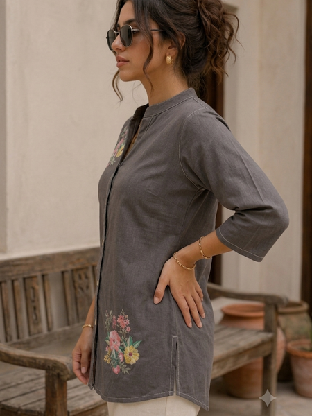 Women’s Grey Cotton Floral Printed Shirt Style Tunic