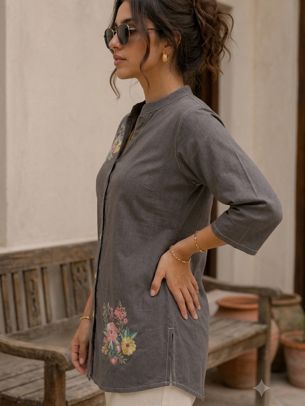Women’s Grey Cotton Floral Printed Shirt Style Tunic
