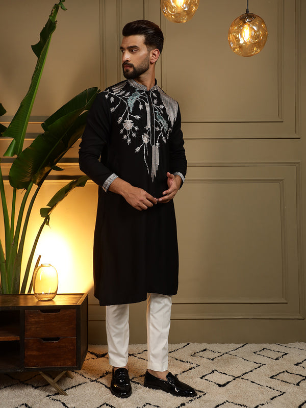 Men’s Viscose Silk Embroidered Kurta with Semi Cotton Chudidar