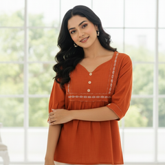 Women’s Rust Orange Embroidered Soft Cotton Fancy Top