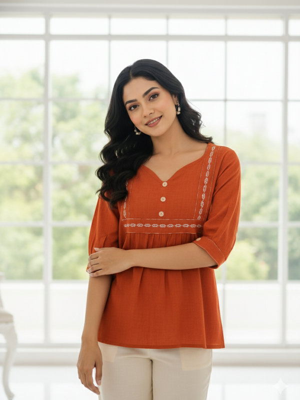 Women’s Rust Orange Embroidered Soft Cotton Fancy Top