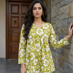 Women’s White-Parrot Cotton Printed Flared Kurti